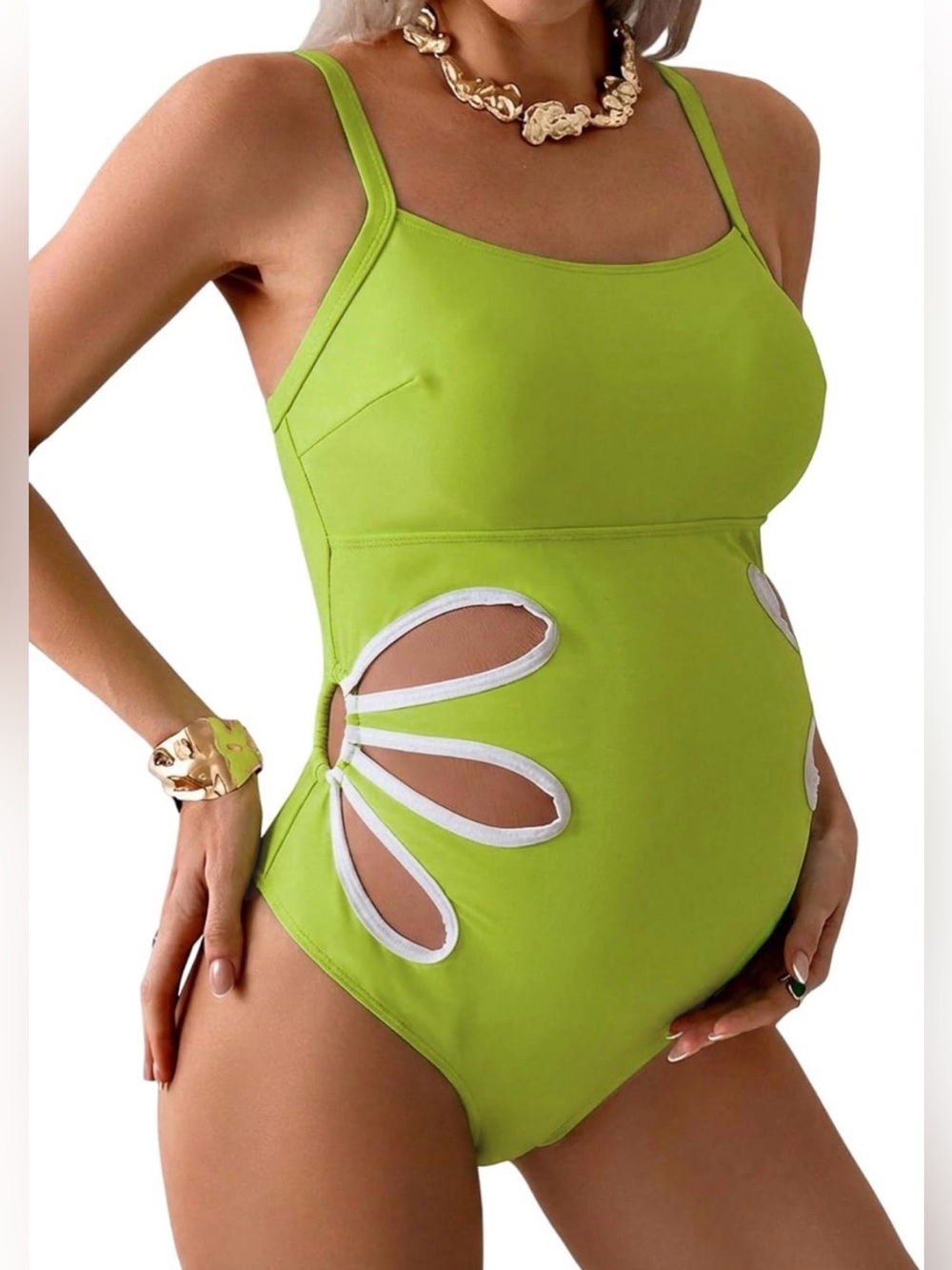 OYOANGLE Lime Green Cutout Maternity One Piece Swimsuit White Trim L NWT
